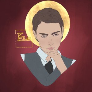 Frontale Ansicht eines Porträts. Eine Person mit kurzem braunen Haar und braunen Augen stützt ihr Kinn leicht auf ihre Hand. Der Gesichtsausdruck ist skeptisch. Der Hintergrund ist rot. Hinter dem Kopf der Person befindet sich ein goldener Kreis.